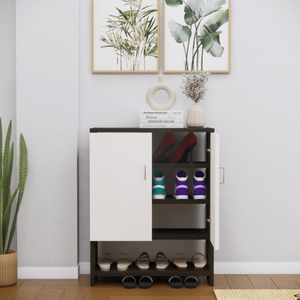 Multipurpose 2-Door Shoe Cabinet with 3 Closed Shelves & 1 Open Shelf – Highland Pine & Chiyoda Wenge Finish (DIY Assembly)