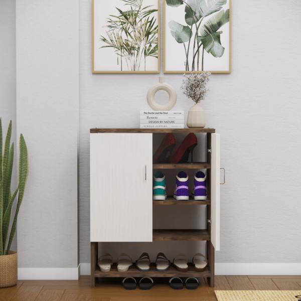 Multipurpose 2-Door Shoe Cabinet with 3 Closed Shelves & 1 Open Shelf – Highland Pine & Coachwood Brown Finish (DIY Assembly)