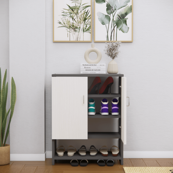 Multipurpose 2-Door Shoe Cabinet with 3 Closed Shelves & 1 Open Shelf – Highland Pine & Slated Grey Finish (DIY Assembly)