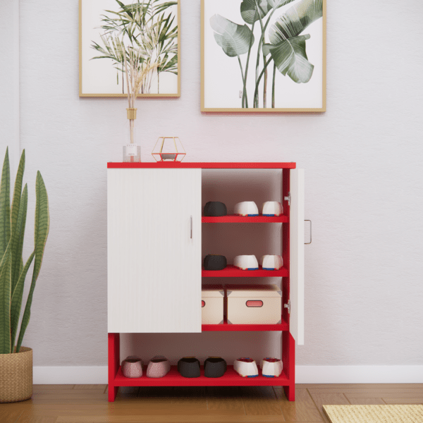 Multipurpose 2-Door Shoe Cabinet with 3 Closed Shelves & 1 Open Shelf – Highland Pine & Scarlet Red Finish (DIY Assembly)