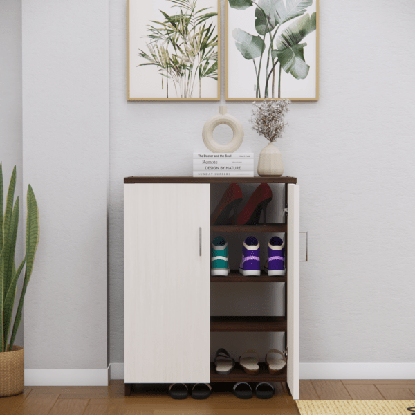 Multipurpose 2-Door Shoe Cabinet with 4 Shelves – Highland Pine & Asian Walnut Finish, DIY Assembly