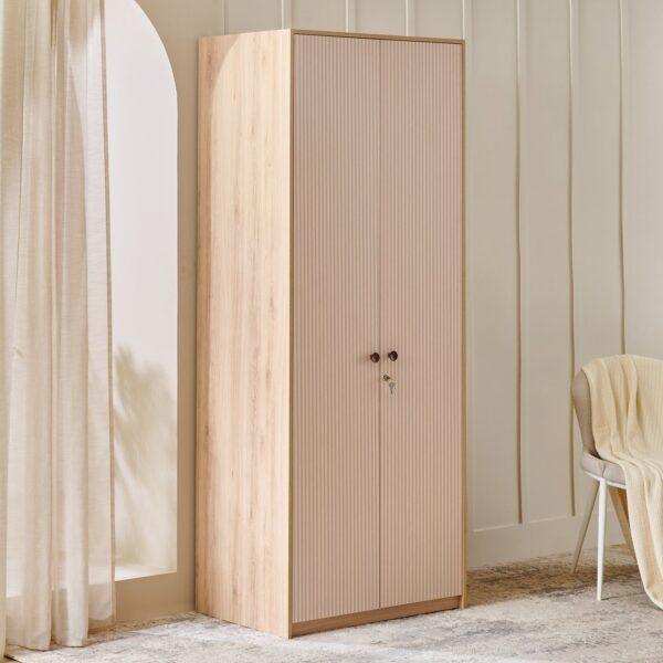 Modern 2-Door Ribbed Wardrobe with Lockable Drawer & Round Handles