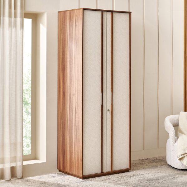 Luxury 7ft Two-Tone Wardrobe with Internal Locker & Drawer – Linen & Wood Finish