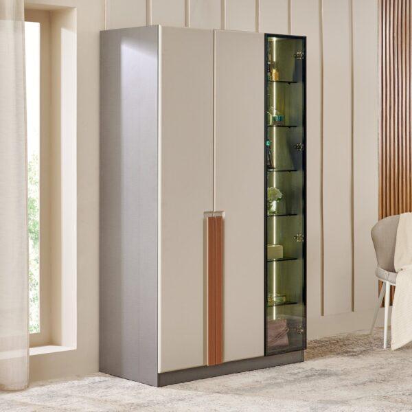 Designer 115cm Wardrobe with Integrated Glass Display Cabinet & Leather-Accent Handles