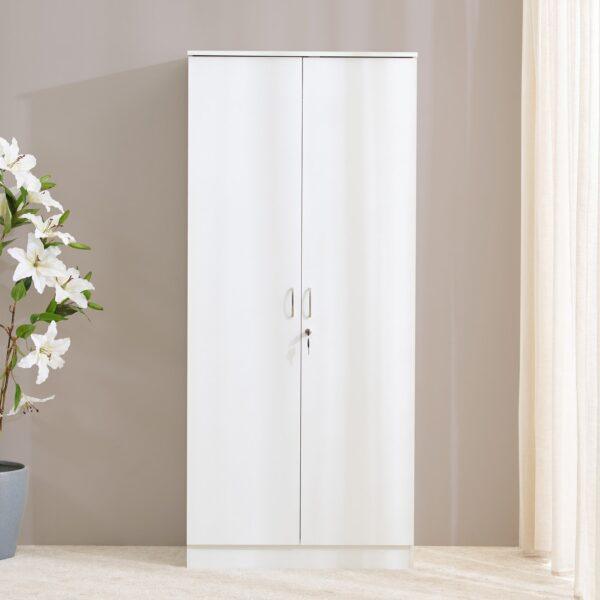 Contemporary White 2-Door Wardrobe with Lockable Drawer & Hanging Rod