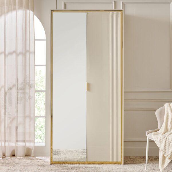 Opulent Cream & Gold 2-Door Wardrobe with Full-Length Mirror & Ribbed Detailing