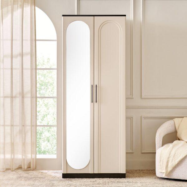 Elegant Cream 2-Door Wardrobe with Arched Mirror & Dark Accents (205cm Tall)