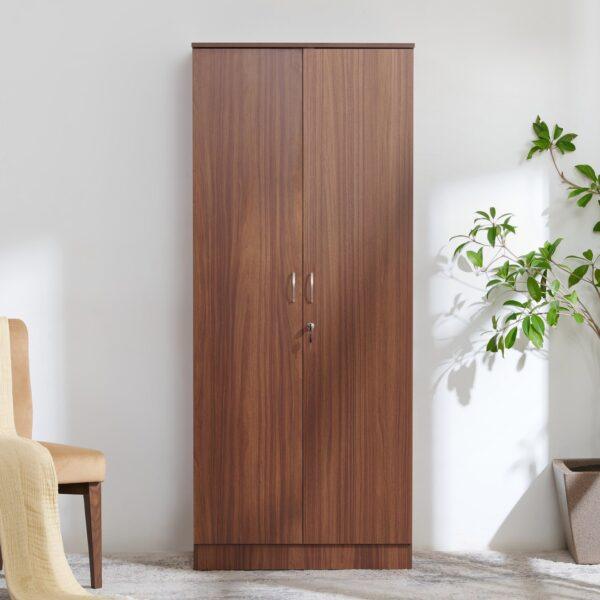 Modern 2-Door Wooden Wardrobe with Lockable Drawer & Hanging Rail – Walnut Finish