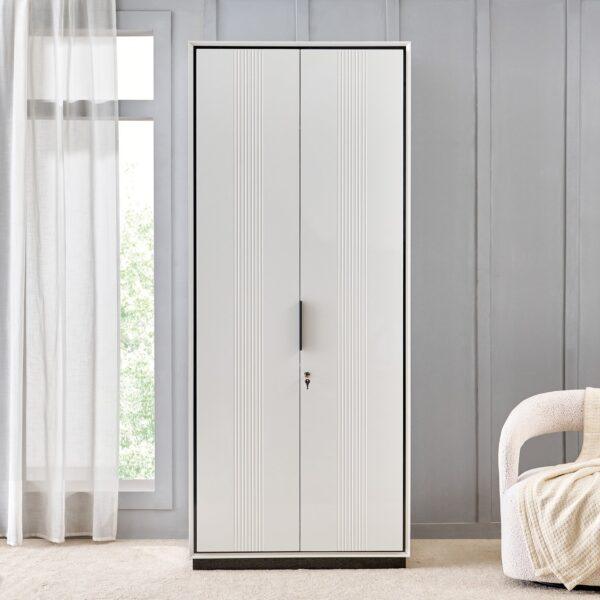 Elegant Cream 2-Door Wardrobe with Arched Mirror & Dark Accents (205cm Tall)