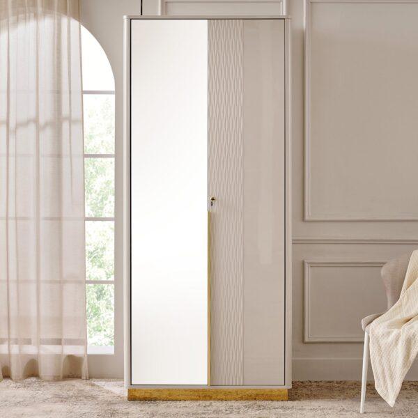 Elegant Cream 2-Door Wardrobe with Arched Mirror & Dark Accents (205cm Tall)