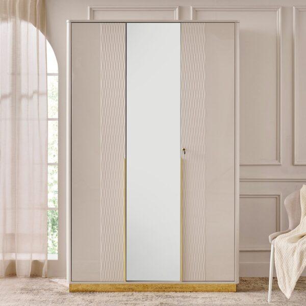 Luxury 215cm Glossy Cream 3-Door Wardrobe with Gold Trim, Fluted Panels, and Full-Length Mirror