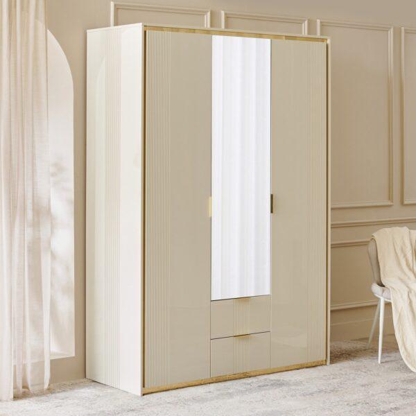 Luxury 215cm High-Gloss Cream 3-Door Wardrobe with Gold Accents, Fluted Detailing, and Integrated Mirror