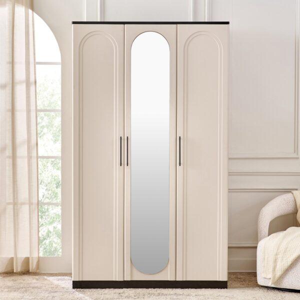 205cm Designer 3-Door Wardrobe in Soft Cream with Arched Detail, Pill-Shaped Mirror, and Black Accents