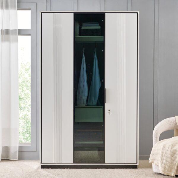 215cm Luxe White 3-Door Wardrobe with Tinted Glass Center, Fluted Panels, and Integrated Security Locks