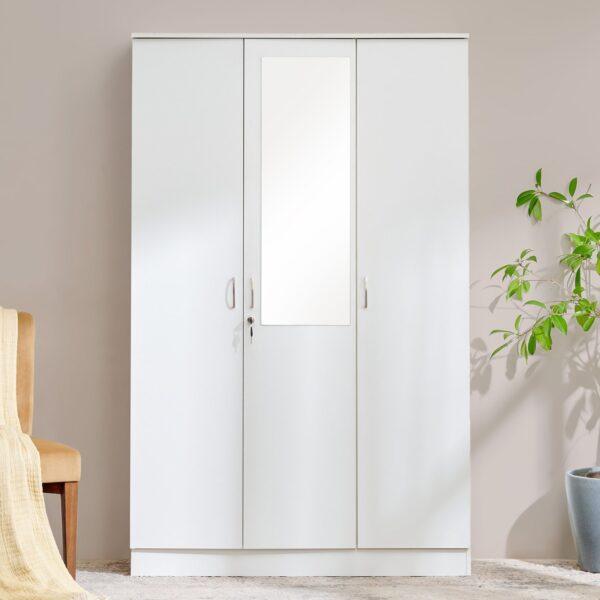 182cm Modern Minimalist 3-Door Wardrobe in White with Integrated Mirror and Secure Storage Drawer