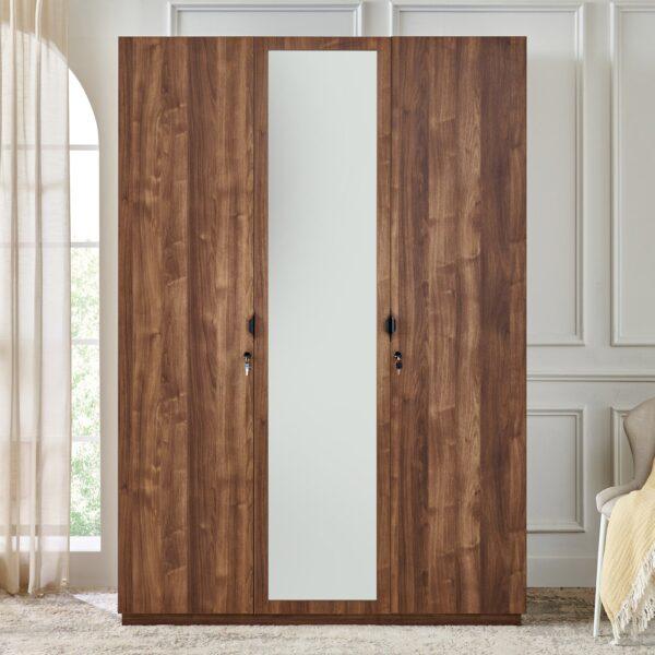 Spacious 3-Door Walnut Wardrobe with Center Mirror (135cm Wide)