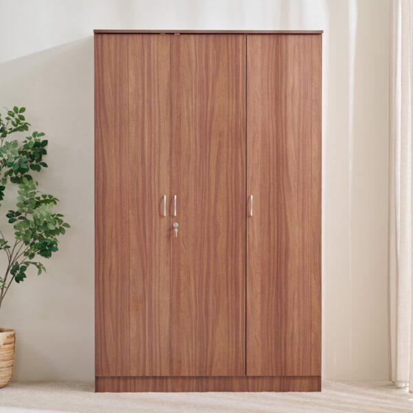 Modern 3-Door Wooden Wardrobe with Hanging Rail and Integrated Shelving – Walnut Finish