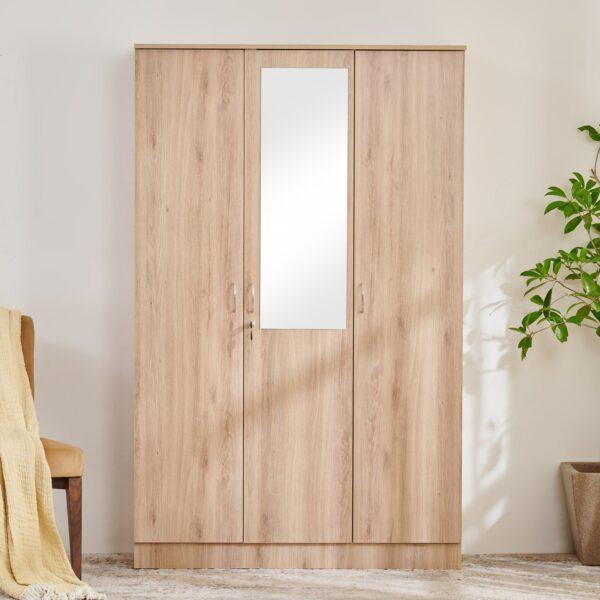 182cm Modern Oak Finish 3-Door Wardrobe with Integrated Mirror, Security Lock, and Internal Drawer