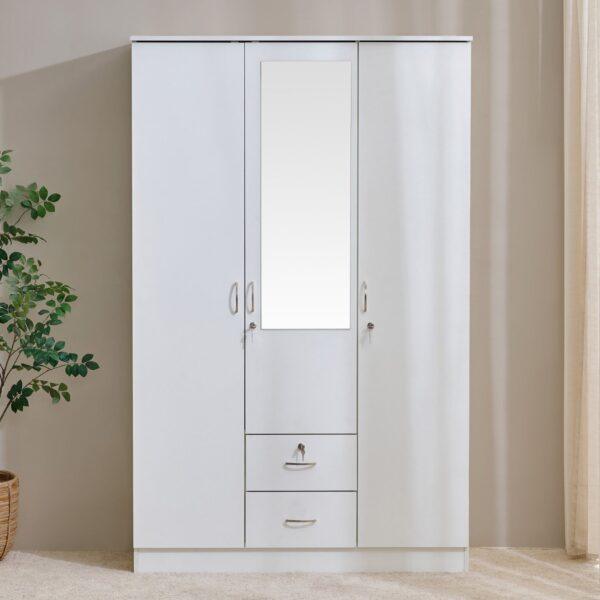 182cm Modern White 3-Door Wardrobe with Integrated Mirror and Dual Lockable Drawers