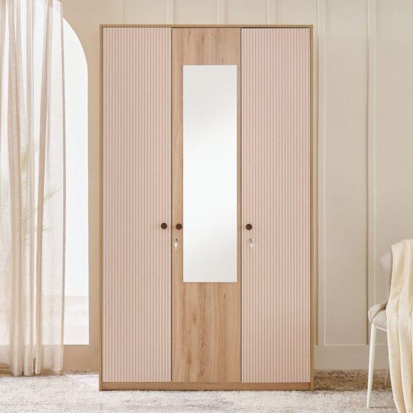 203cm Premium Wood-Tone 3-Door Wardrobe with Integrated Mirror, Textured Fluted Panels, and Secure Internal Drawer