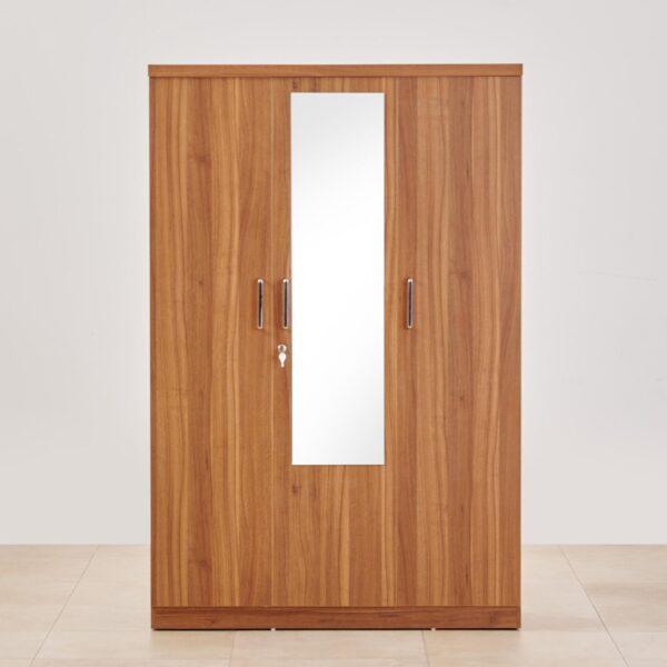 182cm Modern Walnut-Finish 3-Door Wardrobe with Integrated Center Mirror and Secure Locking System