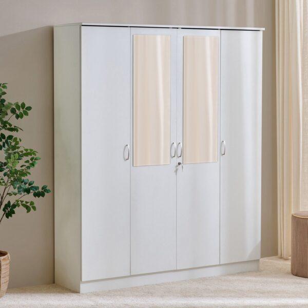 Premium 215cm Luxe White 4-Door Wardrobe with Dual Integrated Mirrors, Gold Accents, and Quadruple Security Locks