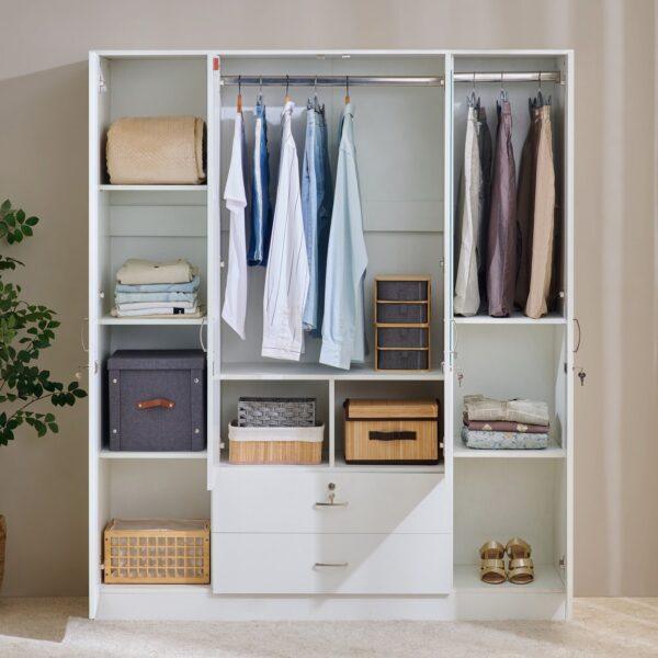 Elite 200cm White 4-Door Wardrobe with Integrated Center Mirror, Gold Accents, and Quadruple Security Locks