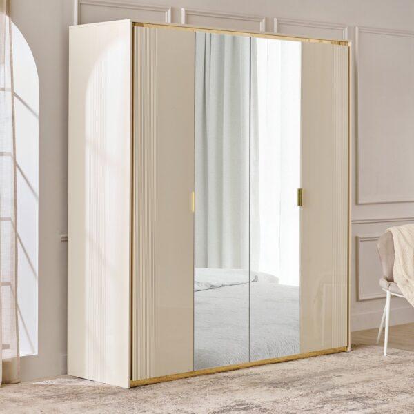 Luxe 215cm White & Gold 4-Door Wardrobe with Dual Mirrors, Fluted Panel Detailing, and Quad-Lock Security