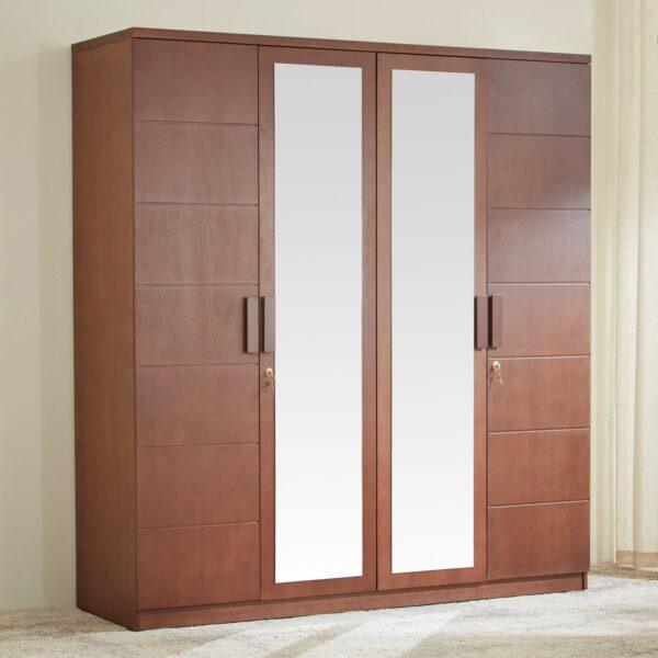 Architectural 215cm White 4-Door Wardrobe with Dual Tinted Glass Doors, Fluted Paneling, and Multi-Level Security