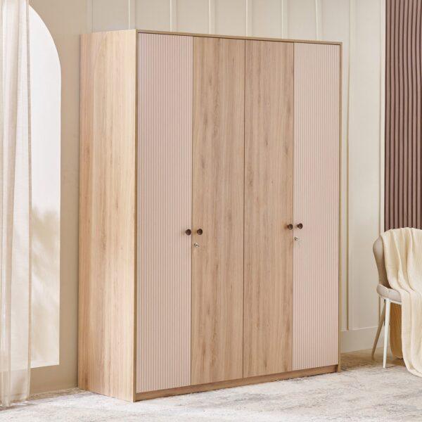 Luxury 215cm Arctic White 4-Door Wardrobe with Dual Mirrors, Gold Accents, and Fluted Panel Design
