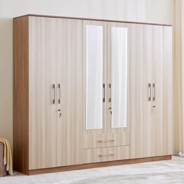 Grand 6-Door Wardrobe with Dual Full-Length Mirrors, Multi-Tier Storage, and Security Locking System