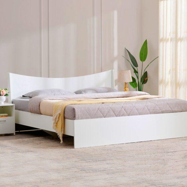 Modern Curved High-Gloss Queen Size Bed with Integrated Box Storage – Arctic White
