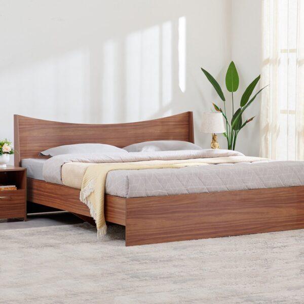 Modern Curved King Size Bed in Premium Walnut – Minimalist No-Storage Design