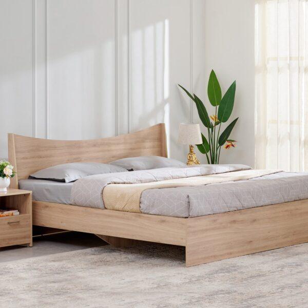 Modern Curved Queen Size Bed in Light Oak – Minimalist No-Storage Design