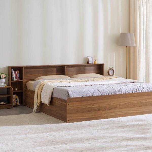 Premium Walnut King Size Bed with Integrated Bookshelf Headboard & Box Storage