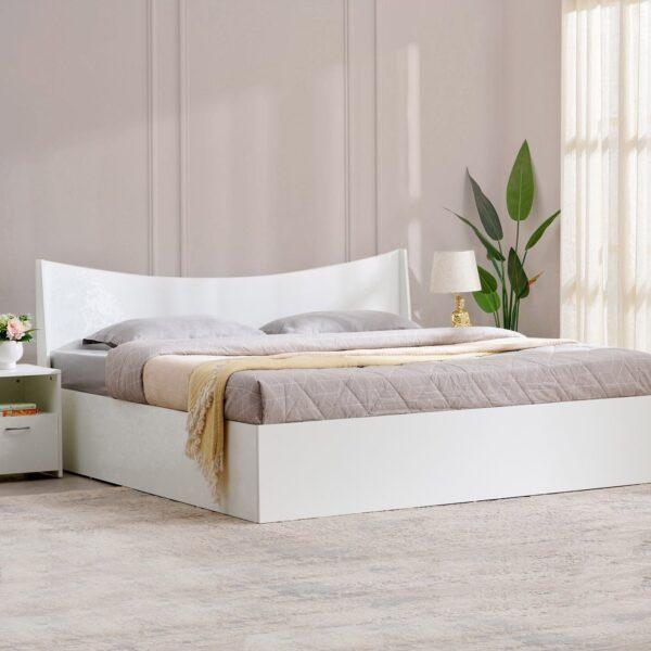 Modern Curved High-Gloss King Size Bed with Integrated Box Storage – Arctic White