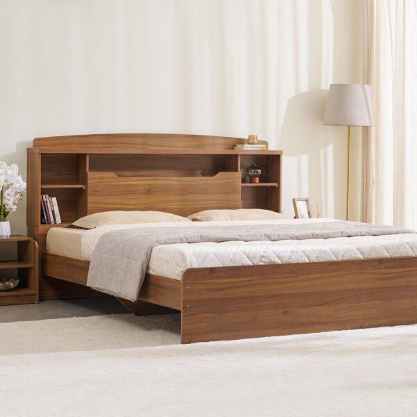 Premium Walnut King Size Bed with Extended Multi-Tier Bookshelf Headboard & Box Storage