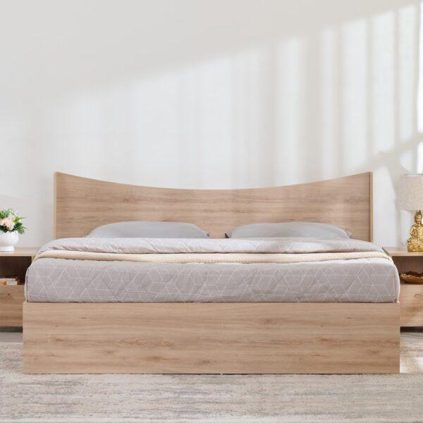 Modern Curved Queen Size Bed with Integrated Multi-Compartment Box Storage – Natural Oak Finish