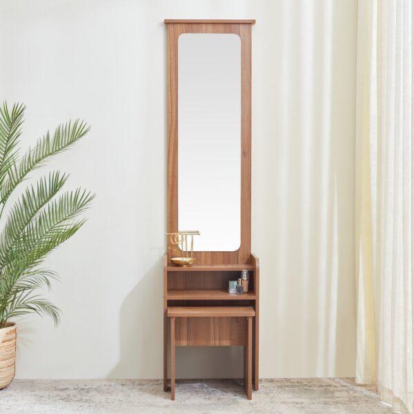 Contemporary Walnut-Finish Dressing Vanity Set with Full-Length Mirror, Integrated Shelving, and Matching Stool