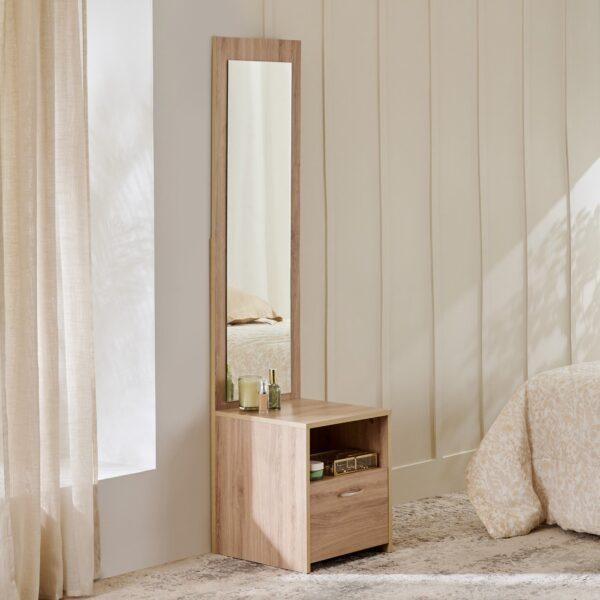 Minimalist Oak-Finish Floor-Standing Dressing Table with Full-Length Mirror and Storage Drawer