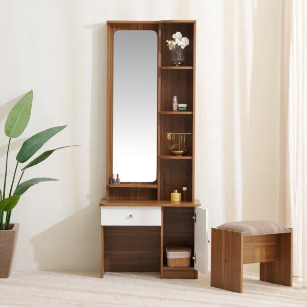 Executive Walnut-Finish Dressing Vanity with 4-Tier Side Gallery, Full-Length Mirror, and Padded Grooming Stool