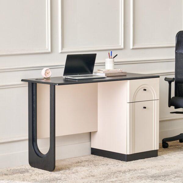 Scandinavian-Inspired Executive Study Desk with Black Oak Surface, Arched Pedestal Storage, and Integrated Cable Management
