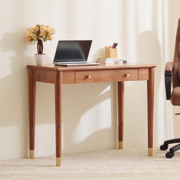 Premium Mid-Century Modern Study Table with Integrated Storage Drawer and Brass-Tipped Tapered Legs