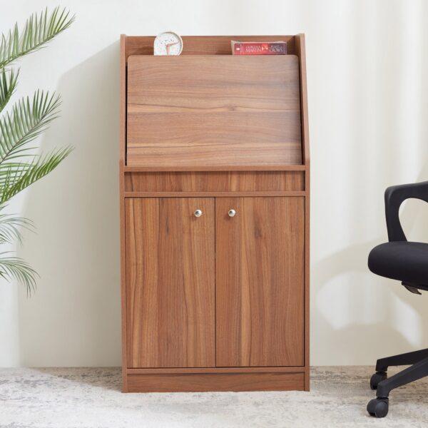 Walnut-Finish Secretary Desk with Drop-Down Workspace, Multi-Tier Shelving, and Large Double-Door Cabinet
