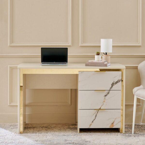 Ultra-Luxury Marble-Finish Executive Study Desk with 3 Storage Drawers, Gold Inlays, and High-Gloss Ivory Finish