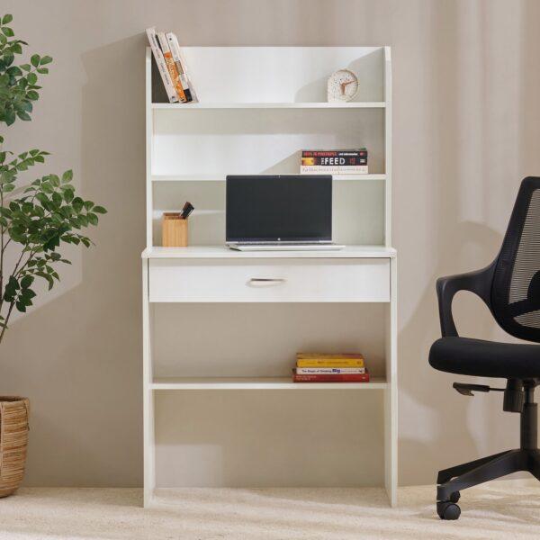White Professional Multipurpose Study Station with Integrated 3-Tier Cabinet, Open Bookshelf, and Magnetic Closure System