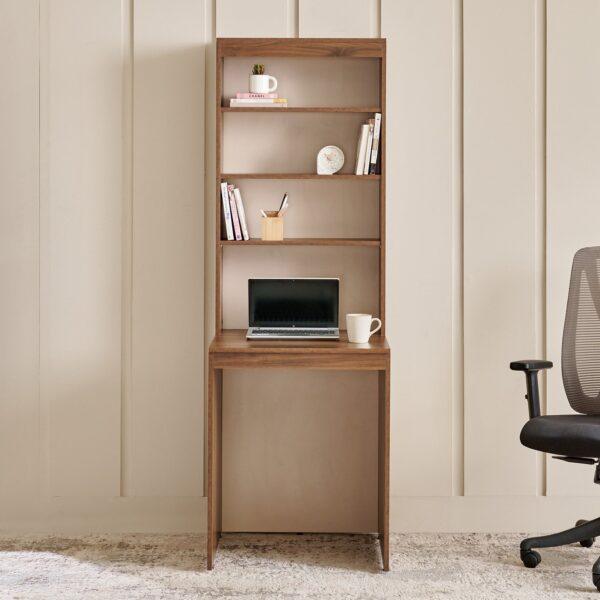 Walnut-Finish Executive Study Tower with 4-Tier Integrated Bookshelf and Slimline Professional Desk