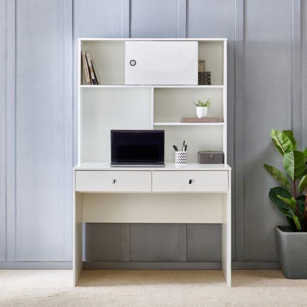 Contemporary High-Gloss White Study Station with Sliding Hutch Cabinet, Dual Storage Drawers, and Integrated Shelving