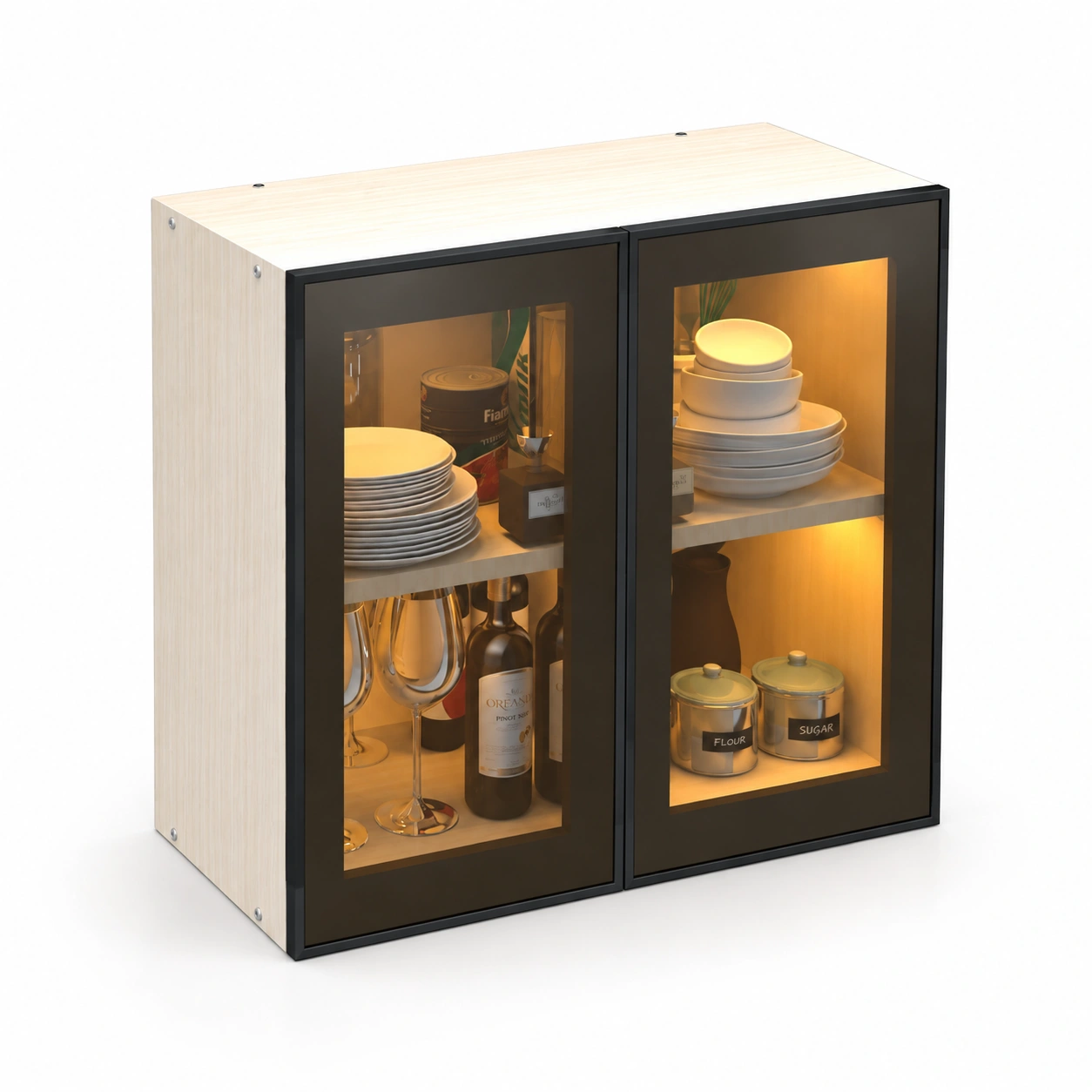 SP-2DW-KS-BPBROWNTG-FULL14-3 2 Door Aluminium Black Profile With Brown Tinted Glass Handle less Wall Cabinet In Highland Pine Finish (Free Installation) - Image 1