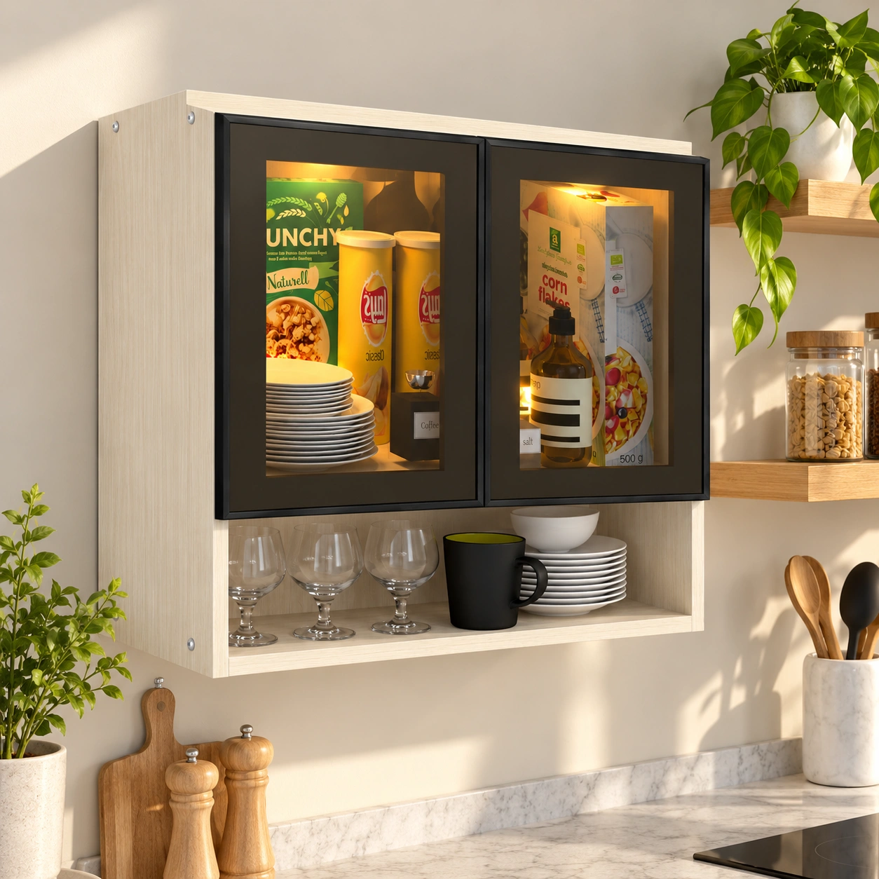SP-2DW-KS-BPBROWNTG-HALF14-7 2 Door Aluminium Black Profile With Brown Tinted Glass Wall Cabinet With Open Shelves In Highland Pine Finish (Free Installation) - Image 1